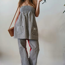Load image into Gallery viewer, White and brown vichy minidress with strawberry red back