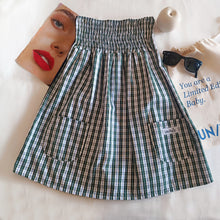 Load image into Gallery viewer, Green checked minidress with midnight blue satin back