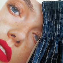 Load image into Gallery viewer, Blue minidress with white checks and ecru linen back