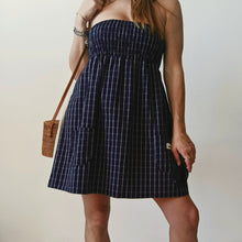 Load image into Gallery viewer, Blue minidress with white checks and ecru linen back