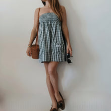 Load image into Gallery viewer, Green checked minidress with midnight blue satin back