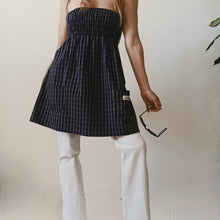 Load image into Gallery viewer, Blue minidress with white checks and ecru linen back