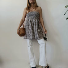 Load image into Gallery viewer, White and brown vichy minidress with strawberry red back