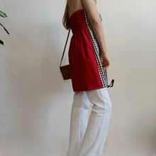 Load image into Gallery viewer, White and brown vichy minidress with strawberry red back