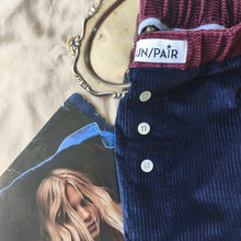 Load image into Gallery viewer, Midnight blue pinstriped velvet trousers with a pied de poule back
