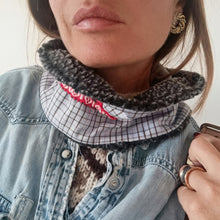 Load image into Gallery viewer, COLLAR ONE/PAIR BLUE SQUARES GREY WOOL COAT RED RIBBON