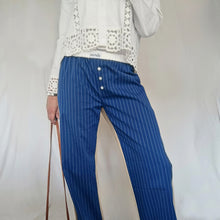 Load image into Gallery viewer, Electric blue trousers with white micro stripes and plain beige back
