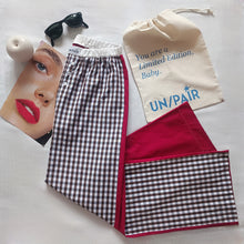 Load image into Gallery viewer, White and brown gingham trousers with palinstrawberry red back
