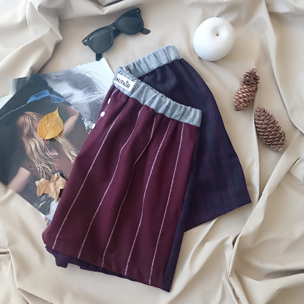 Bordeaux pinstriped boxerina shorts with bordeaux checkered back