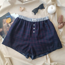 Load image into Gallery viewer, Bordeaux checkered boxerina short with blue tartan back
