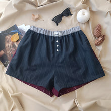 Load image into Gallery viewer, Gray pinstripe boxerina short with bordeaux pinstripe back
