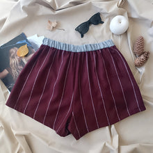 Load image into Gallery viewer, Gray pinstripe boxerina short with bordeaux pinstripe back
