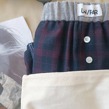 Load image into Gallery viewer, Bordeaux checkered boxerina short with blue tartan back
