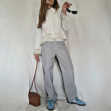 Load image into Gallery viewer, White trousers with light blue, blue and beige multicolor stripes with plain dark brown back
