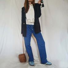 Load image into Gallery viewer, Electric blue trousers with white micro stripes and plain beige back
