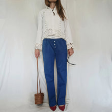 Load image into Gallery viewer, Electric blue trousers with white micro stripes and plain beige back
