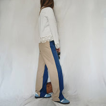 Load image into Gallery viewer, Electric blue trousers with white micro stripes and plain beige back
