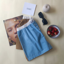 Load image into Gallery viewer, Light blue shorts with aqua green stripes and tobacco back
