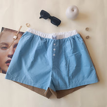 Load image into Gallery viewer, Light blue shorts with aqua green stripes and tobacco back
