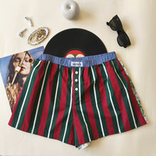 Load image into Gallery viewer, Red-and-green striped boxer shorts with a floral back with pockets
