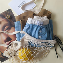 Load image into Gallery viewer, Light blue shorts with aqua green stripes and tobacco back
