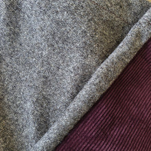 Load image into Gallery viewer, Burgundy night-coloured pinstriped velvet trousers with a salt-and-pepper partridge-eye pattern back 
