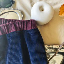 Load image into Gallery viewer, Midnight blue pinstriped velvet trousers with a pied de poule back

