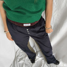 Load image into Gallery viewer, Midnight blue pinstriped velvet trousers with a pied de poule back
