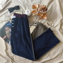 Load image into Gallery viewer, Midnight blue pinstriped velvet trousers with a pied de poule back
