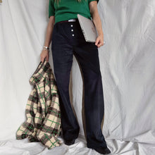 Load image into Gallery viewer, Midnight blue pinstriped velvet trousers with a pied de poule back

