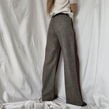 Load image into Gallery viewer, Burgundy night-coloured pinstriped velvet trousers with a salt-and-pepper partridge-eye pattern back 
