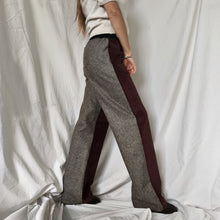 Load image into Gallery viewer, Burgundy night-coloured pinstriped velvet trousers with a salt-and-pepper partridge-eye pattern back 
