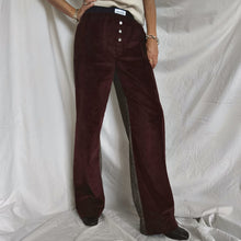 Load image into Gallery viewer, Burgundy night-coloured pinstriped velvet trousers with a salt-and-pepper partridge-eye pattern back 
