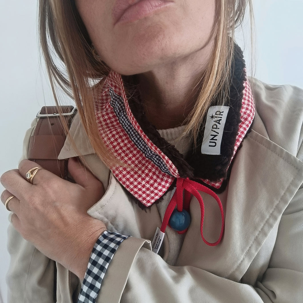 COLLAR UN/PAIR RED HOUNDSTOOTH DARK BROWN SHEEPSKIN COAT