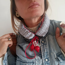 Load image into Gallery viewer, COLLAR ONE/PAIR BLUE SQUARES GREY WOOL COAT RED RIBBON
