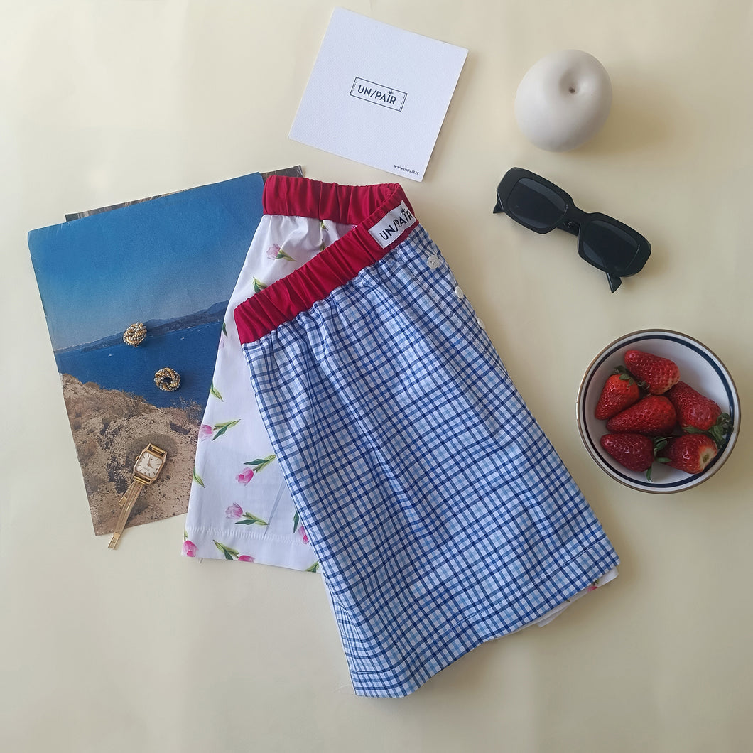 Boxerina Scacchi azzurri e retro Tulipani con tasche